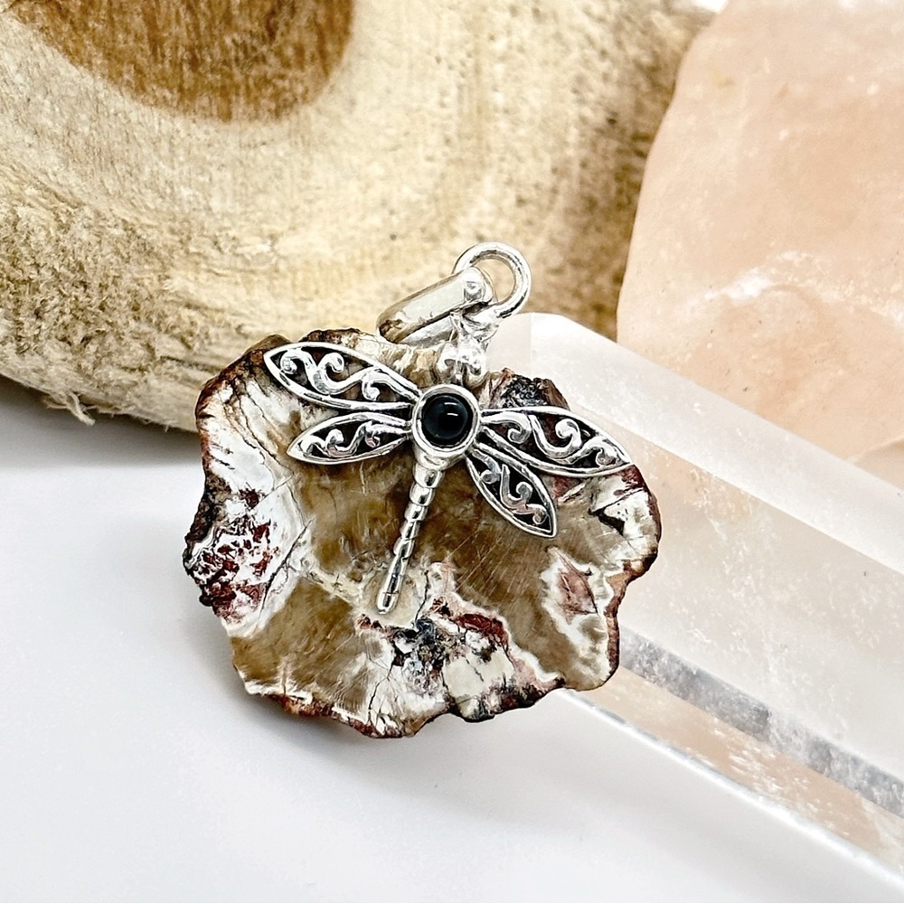 Rare Blue Forest Petrified Wood & Black Onyx Sterling Silver Dragonfly Pendant